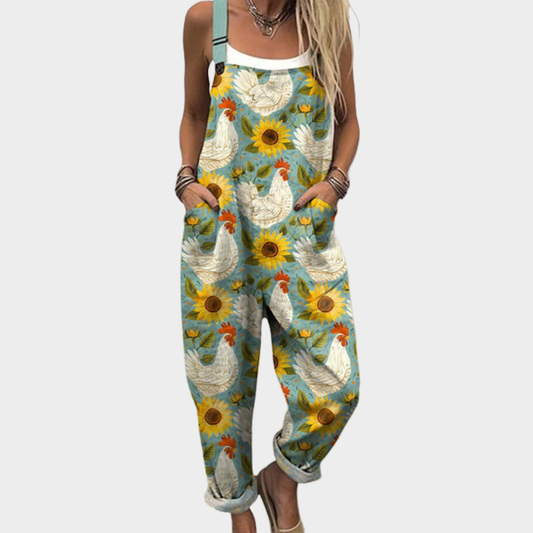 Vermeer Mode | Tuinbroek Met Kippen En Zonnebloemen Voor Dames