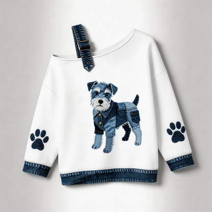 Sophie - Vrouwen Lovely Schnauzer Hond Patroon Denim Patchwork Top