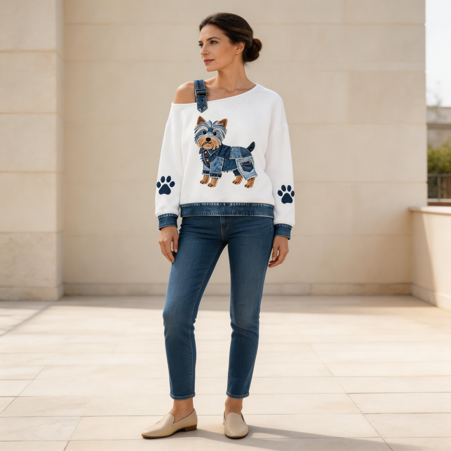 Nina - Vrouwen Schattige Yorkshire Terrier Motief Denim Patchwork Top