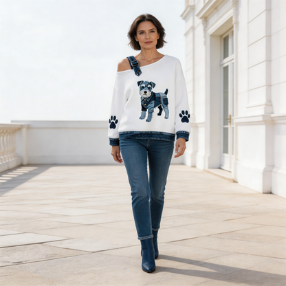 Sophie - Vrouwen Lovely Schnauzer Hond Patroon Denim Patchwork Top