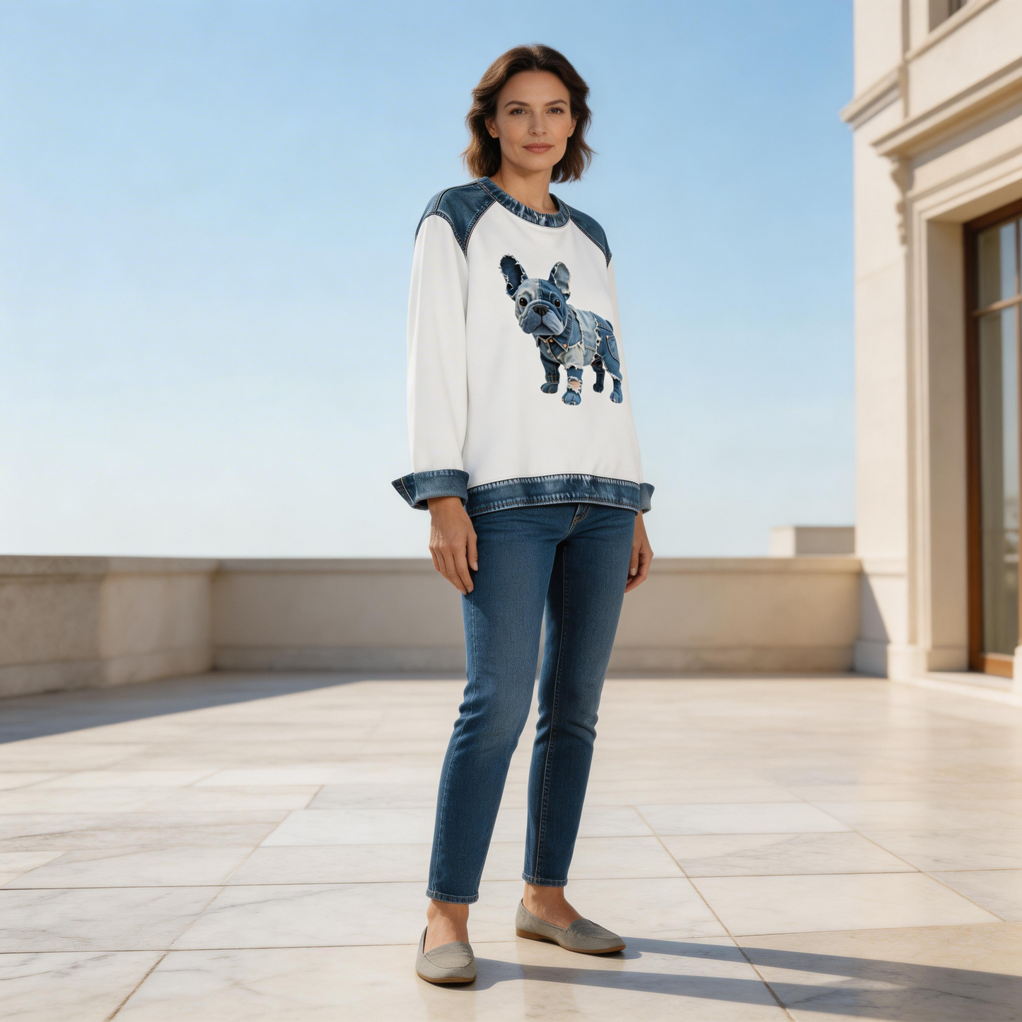 Alma - Dames sweatshirt met denim patchwork in Franse bulldog stijl
