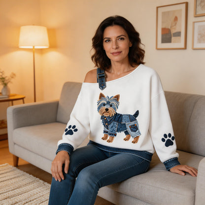 Nina - Vrouwen Schattige Yorkshire Terrier Motief Denim Patchwork Top