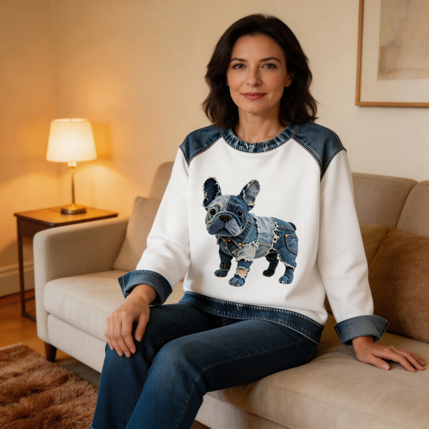 Alma - Dames sweatshirt met denim patchwork in Franse bulldog stijl