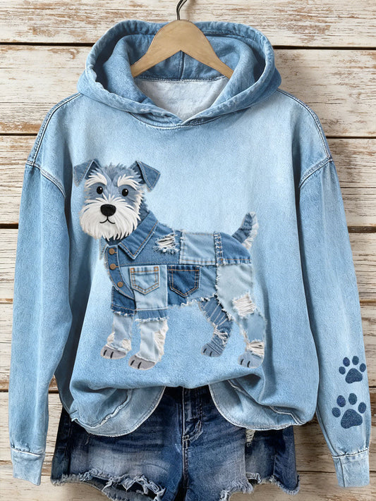 Lola - Denim hoodie voor dames Patchwork Art Schnauzer met hondenmotief