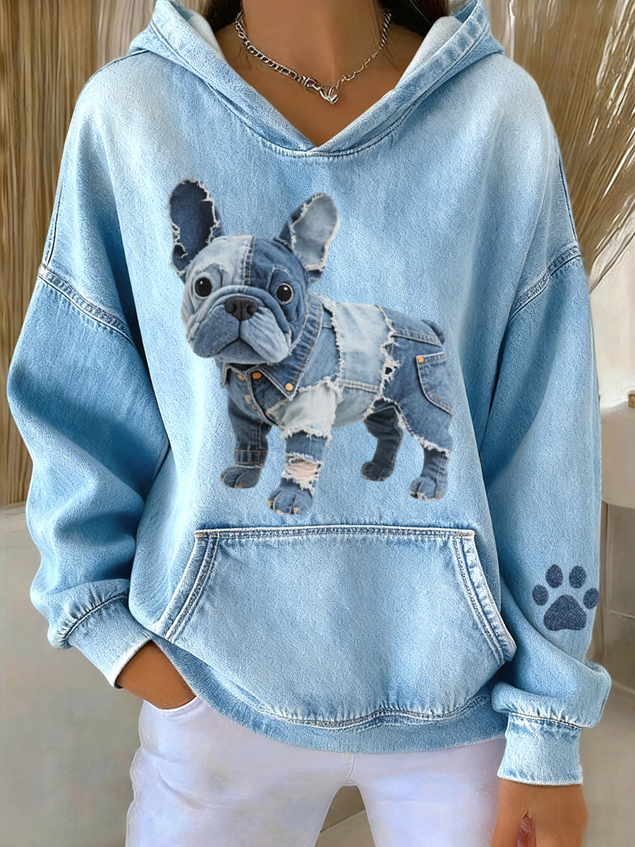 Blanca - Gestreepte Hoodie met Franse Bulldog en Denim Patch voor Dames