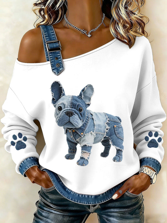 Nathalie - Vrouwen Mooi Frans Bulldog Motief Denim Patchwork Top
