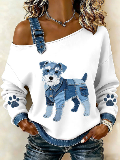 Sophie - Vrouwen Lovely Schnauzer Hond Patroon Denim Patchwork Top