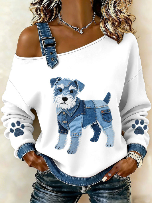 Sophie - Vrouwen Lovely Schnauzer Hond Patroon Denim Patchwork Top