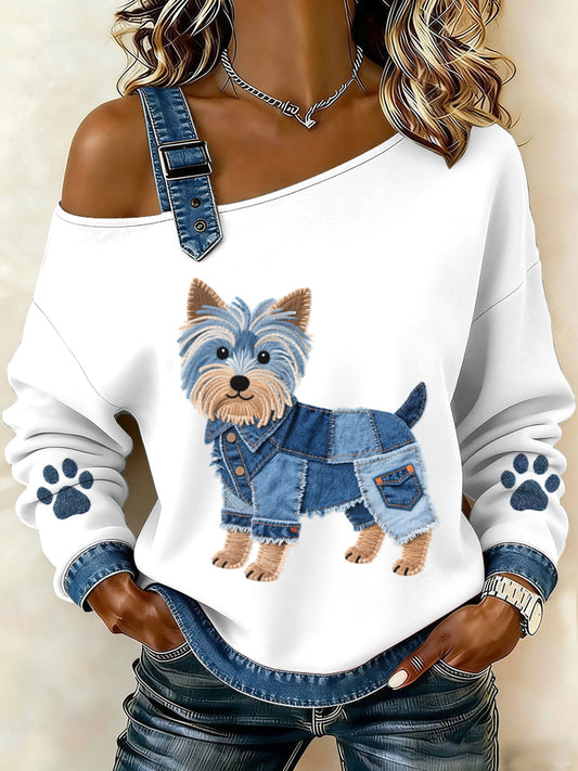 Nina - Vrouwen Schattige Yorkshire Terrier Motief Denim Patchwork Top